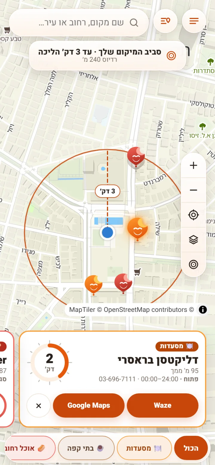 צילום מסך מהאפליקציה: כרטיס מקום אחרי החלקה, עם בחירה בין Waze ל-Google Maps
